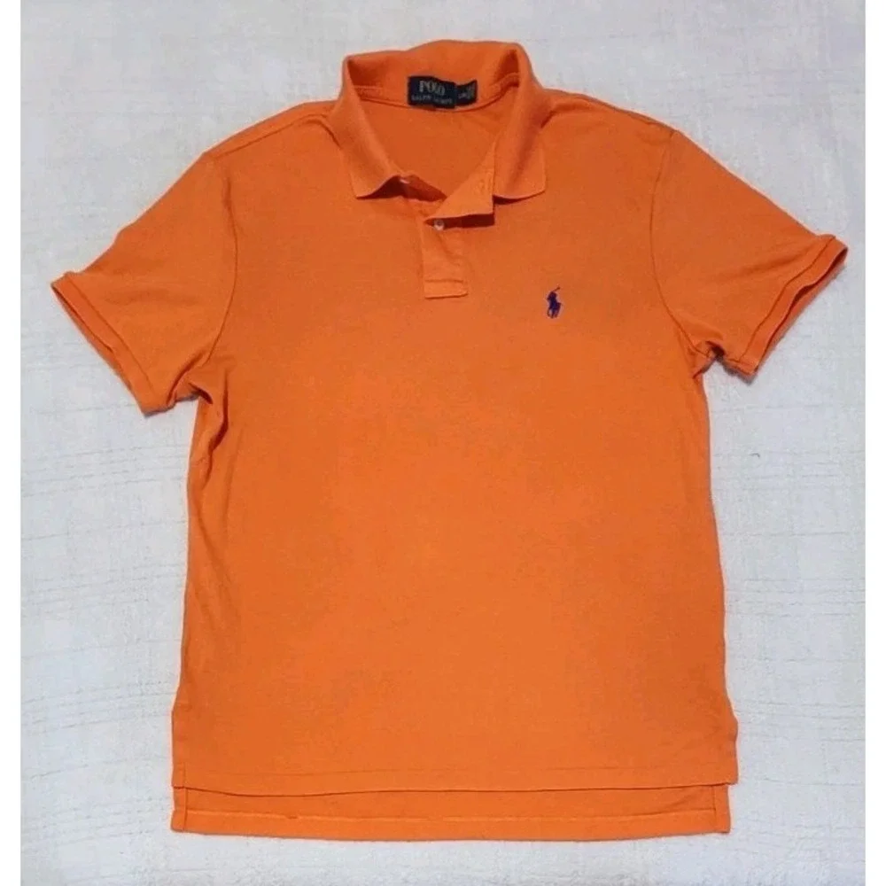 Polo Ralph Lauren Men's Large Orange Cotton Short Sleeve Polo Shirt Blue Pony‎
